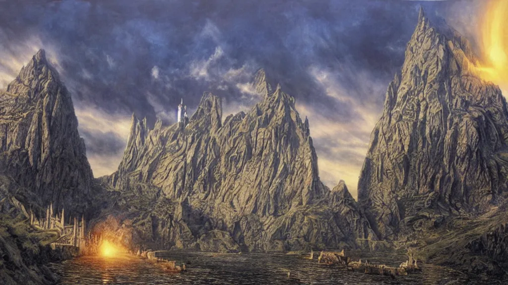 Image similar to beautiful helms deep, hornburg lit by sunshine on a bright day, by alan lee, intricate, smoke trails, lord of the rings calendar, smooth, detailed terrain, oil painting