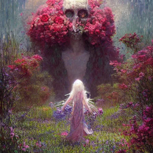 Image similar to a gigantic beautiful terrifying monster made of flowers looms over a tiny human. ethereal horror fantasy art by greg rutkowski and raymond swanland and monet