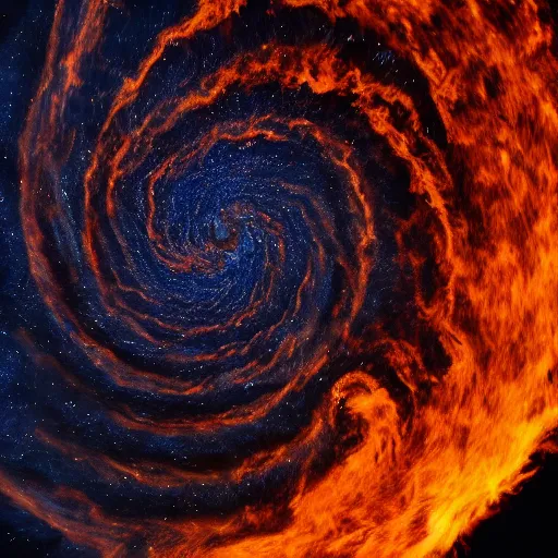 Prompt: large Fire spiral growing to swallow the galaxy, 40nm, shallow depth of field, split lighting, 4k,