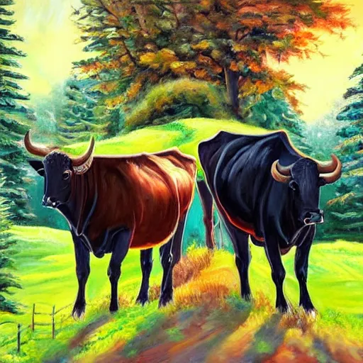 Prompt: 🐃🐄🍞🧙🌲🌉, high quality oil painting