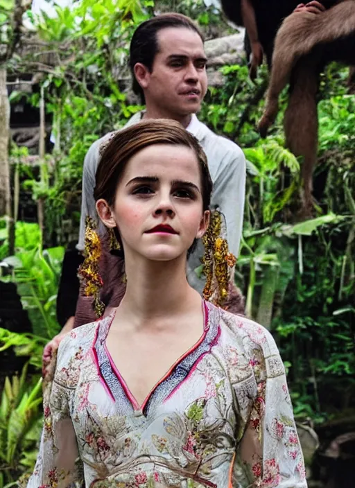 Prompt: emma watson wearing traditional kebaya bali in bali. iconic monkey place in bali. front view. instagram holiday photo shoot, perfect faces, 8 5 mm