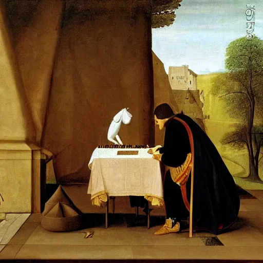 Image similar to portrait of a medieval King playing chess by George Stubbs, renaissance painting, oild painting, old master