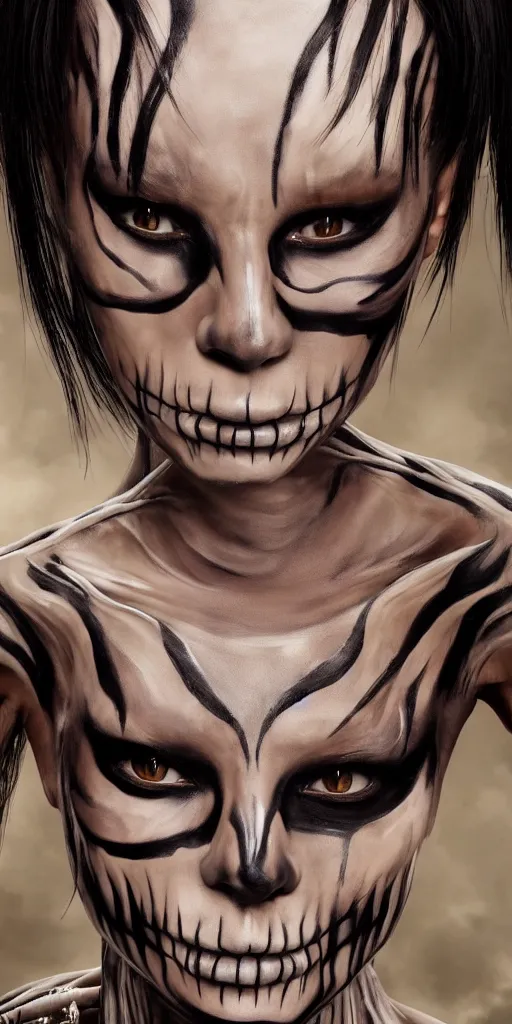 Prompt: bai ling skeleton bodypaint, hyper realistic, sharp focus, 4k, fantasy illustration