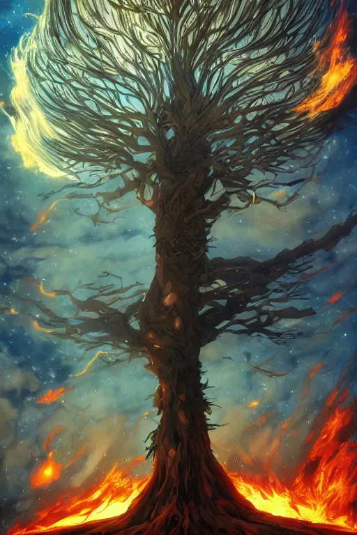 Prompt: the majestic tree of time engulfed in flames, pixiv fanbox, natural light, anime style, graphic novel by fiona staples and dustin nguyen, peter elson, alan bean, wangechi mutu, clean cel shaded vector art, trending on artstation