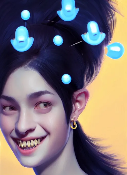 Prompt: portrait of high school girl, realistic, black hair, bangs, half updo hairstyle, pointy nose, skinny, smile, ugly, defined jawline, big chin, blue hair bow, earrings, intricate, elegant, glowing lights, highly detailed, digital painting, artstation, sharp focus, illustration, art by wlop, mars ravelo and greg rutkowski