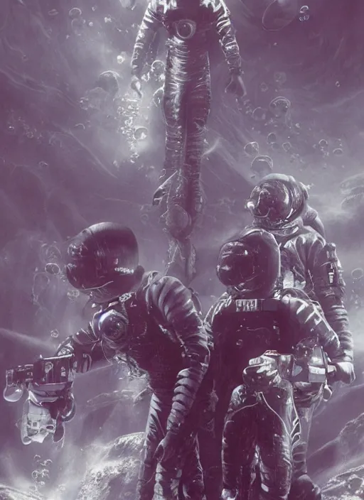 Image similar to astronauts in dark void underwater - complex and hyperdetailed technical suit. reflection and dispersion materials. rays and dispersion of light. volumetric light. f / 3 2. noise film photo. flash photography. ultra realistic, wide angle. poster by wayne barlowe, hajime sorayama aaron horkey, craig mullins