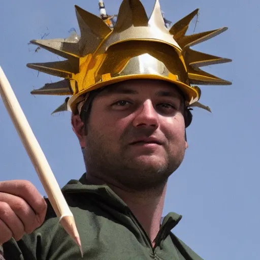 Image similar to a person wearing a crown who is supervising on a construction site and a leader of the team. holding a spear