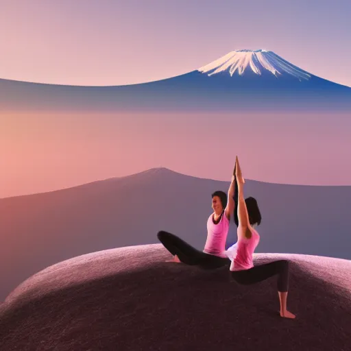 Prompt: two people doing yoga, on a ledge overlooking Mount Fuji - light pink coloring, 8k render octane,