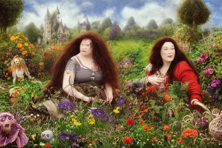 Prompt: hagrid the viking and morticia addams frolicking in a field of various flowers, fairy garden, masterpiece, highly detailed, oil on canvas, art by james gurney, graeme base, brian froud, alan lee