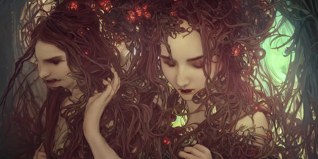 Image similar to scary plant vampires by artgerm, intense lighting, light beams, lens flare, intricate tendrils by alphonse mucha, elegant, nightmare, highly detailed, digital painting, artstation, concept art, smooth, sharp focus, illustration, art by serpentigena and alphonse mucha