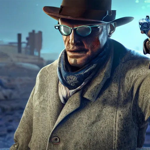 Prompt: the mysterious stranger, saving the day again, in the fallout wasteland, wearing elegant casual clothes and a holster with a pristine revolver inside, face covered by a fedora hat, sunglasses and a scarf, hyperrealist, intricate, octane, unreal 5, cinematic, dramatic, breathtaking, award - winning, 8 k, hi - res