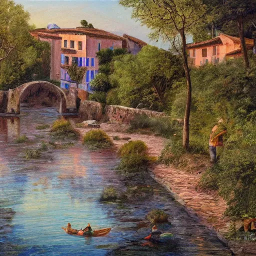 Image similar to High-Quality realist painting of a river crossing a traditional village in a valley in the French Riviera at dawn, peaceful, very detailed, digital art.