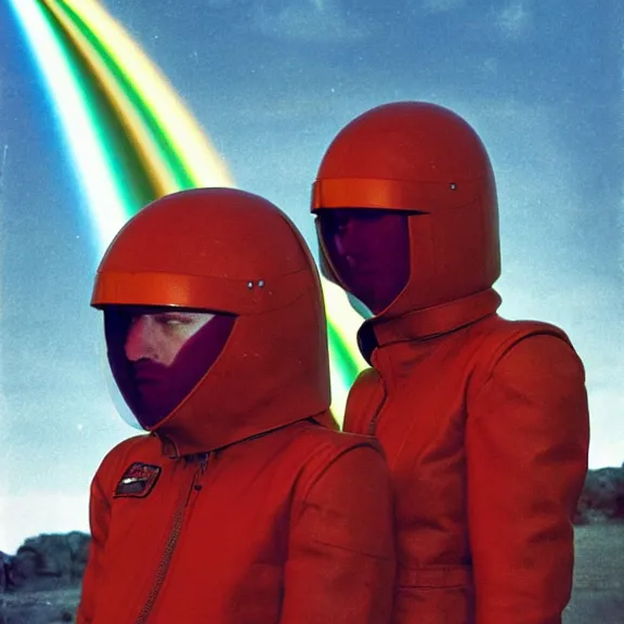 Image similar to two time pilots wearing red rick owens pilot suits inside the glowing geometric rainbow portal to the sixth dimension by frank frazetta