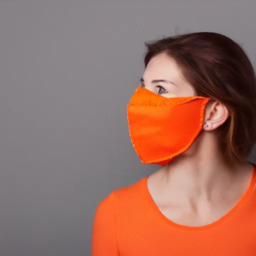 Prompt: portrait of a woman wearing a orange mask, orange background, studio lighting