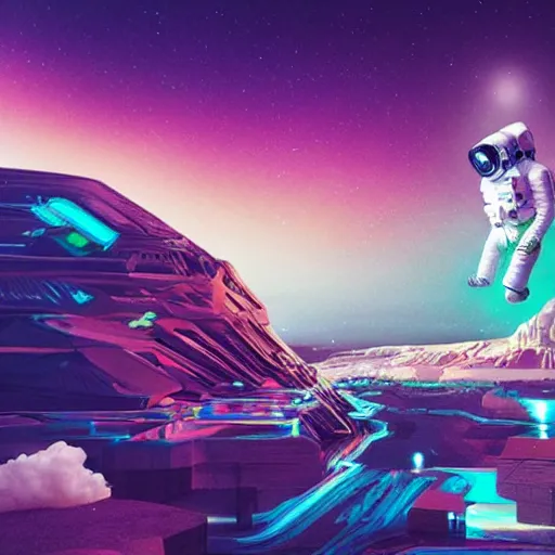 Image similar to Trending NFT digital artwork by Beeple with astronaut in weird dystopian landscape full of pop culture references