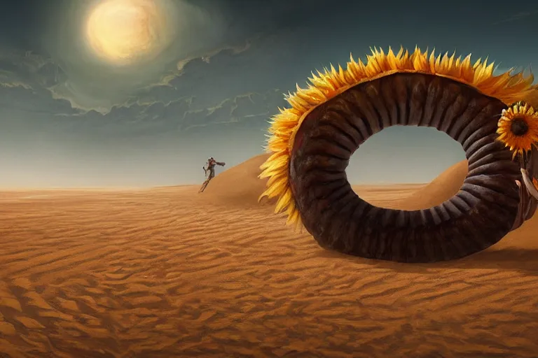 Prompt: giant sand worm monster with the head of a sunflower, sunflower worm, sunny desert, character art by Greg Rutkowski, 4k digital render