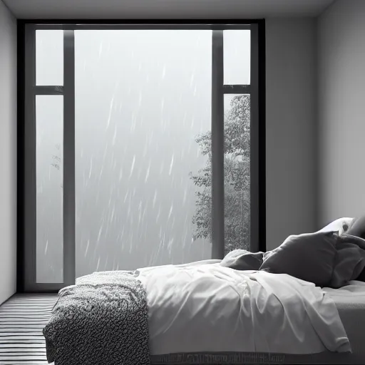 Prompt: a man looking out a window while sitting on a bed in a dark room inside another person's head and it is raining heavily outside cinematic photorealistic 8k octane render exquisite detail