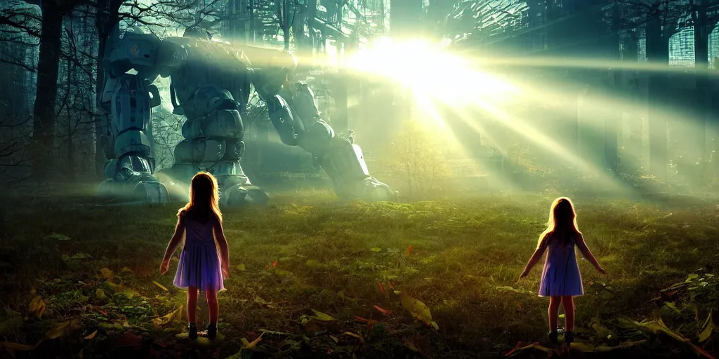 Prompt: sci - fi scene future new york, little girl alone holding onto the outstretched hand of a giant robot, forest punk, little girl meets robot, crepuscular rays, epic scene, hyper realistic, photo realistic, overgrowth, cinematic atmosphere, ethereal lighting,