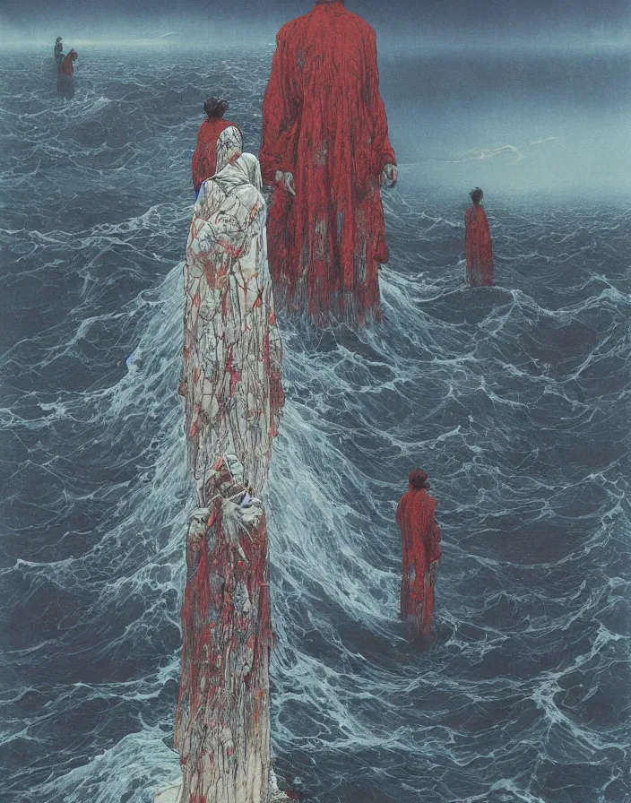 Prompt: worshippers in robes belonging to the cult of the lighthouse standing in waves, a lighthouse, high detailed Beksinski painting, part by Adrian Ghenie and Gerhard Richter and Ian Miller. art by Takato Yamamoto. masterpiece, deep colours, blue