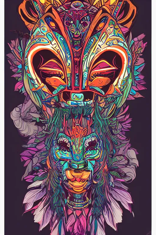 Image similar to animal mask totem roots flower tribal feather gemstone plant wood rock shaman vodoo video game vector cutout illustration vivid multicolor borderlands comics by josan gonzales and dan mumford radiating a glowing aura