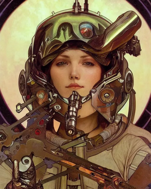 Prompt: realistic detailed portrait of a futuristic soldier, space armor, helmet, by Alphonse Mucha, Amano, Charlie Bowater, Karol Bak, Greg Hildebrandt, Jean Delville, and Mark Brooks, Art Nouveau, Neo-Gothic, gothic, rich deep moody colors