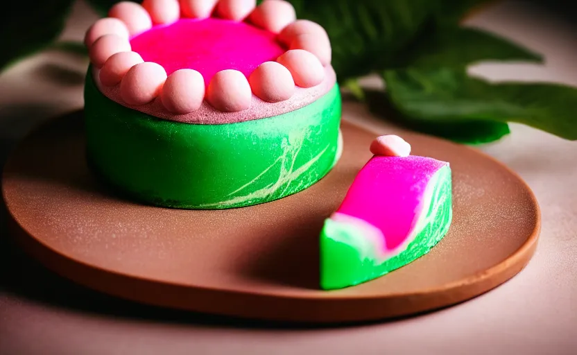 Image similar to A photo of a swedish princess cake from the side on a wooden table, covered with pink marzipan, some powder sugar and a green marzipan leaf in the center. Sunset. 4K. Cinematic lighting. High detail. Realistic. Delicious.