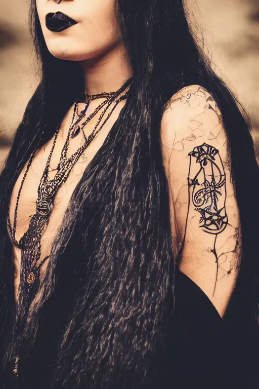 Image similar to Medium close-up photo of a pretty Goth girl wearing a large Ankh necklace, long dark hair, dark colors, tattoos, soft lighting, rich cinematic atmosphere, poster, 8k