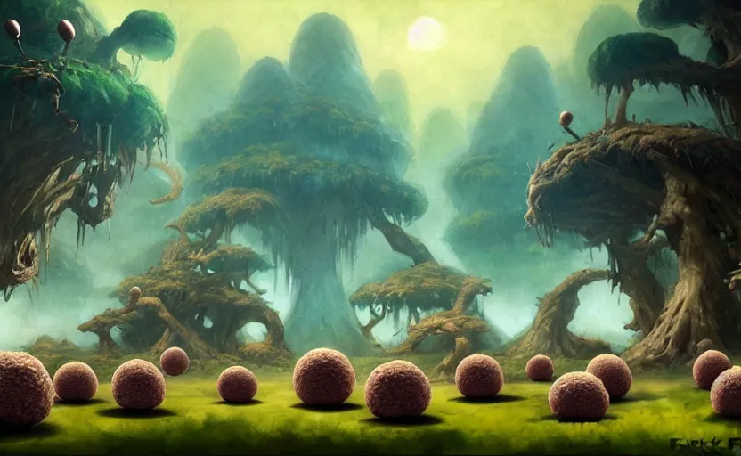 Image similar to a group of rice ball creatures with unthreatening facial expressions ; magic : the gathering fantasy concept art of balls of rice with blank facial expressions, by frank frazetta and marco bucci, high resolution. magical fantasy forest in the background, fantasy coloring, intricate, digital painting, artstation, smooth, sharp focus