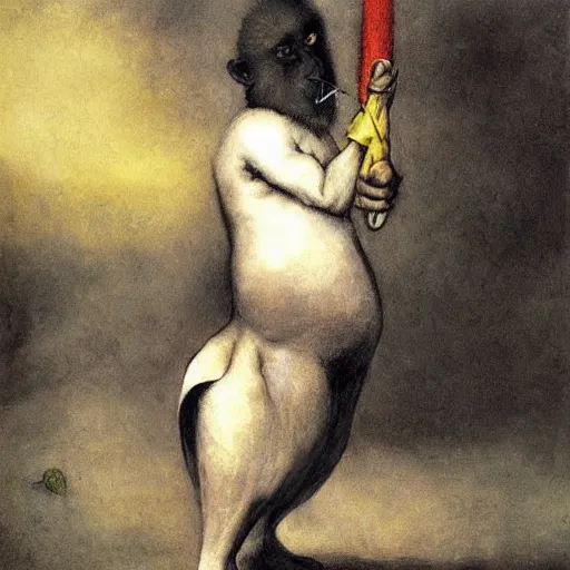 Prompt: Clever monkey with a long knife, very detailed and colorful, by Santiago Caruso, by Odd Nerdrum, by Francisco Goya, beautiful, eerie, surreal, psychedelic