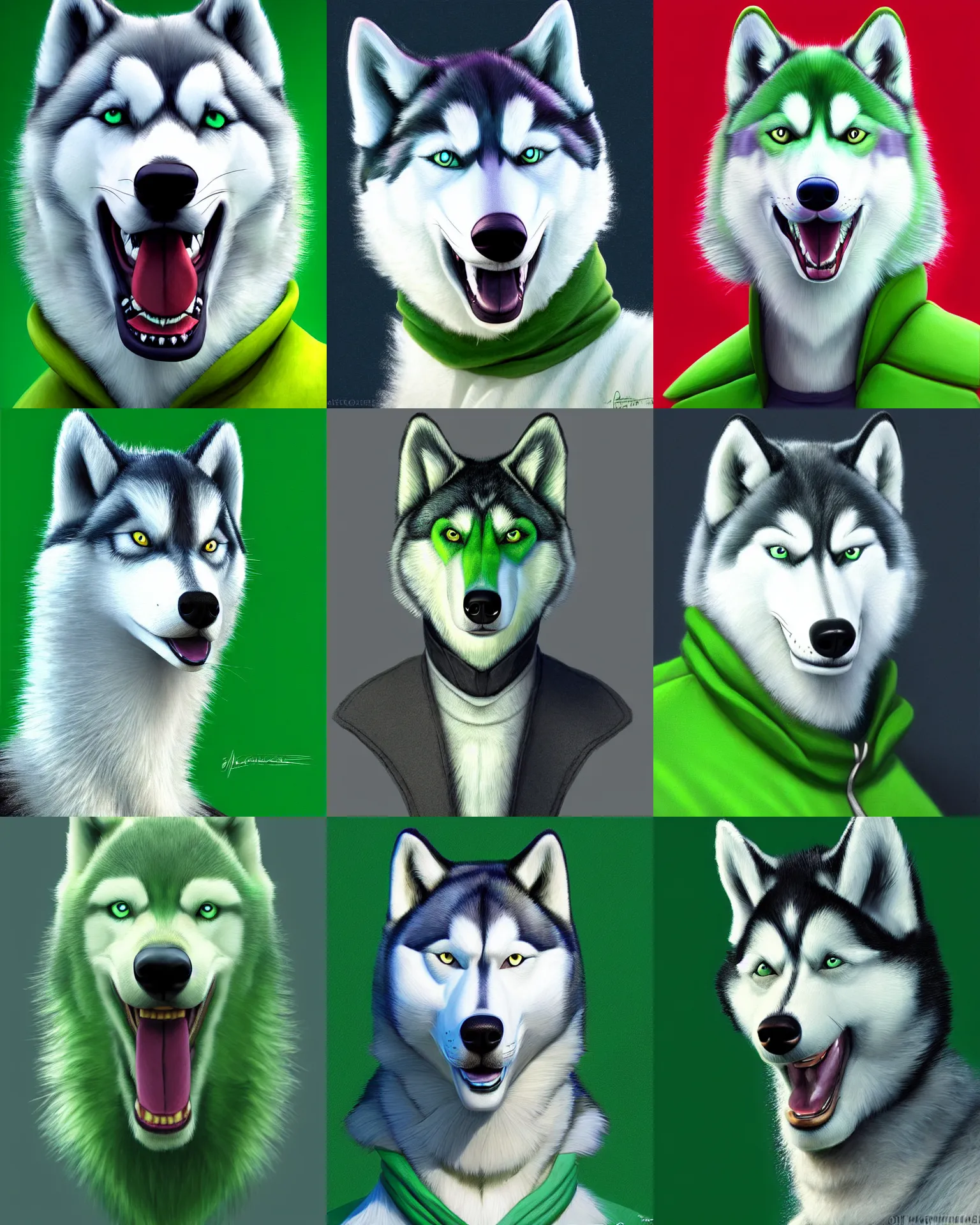 Prompt: green anthropomorphic husky human, artstation, disney, highly detailed painting