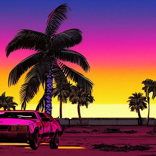 Prompt: wasteland destroyed hotline miami car wide shot epic post apocalyptic landscape miami nuke fire craters end of the world miami beach sunset vapor wave palm trees 80s synth retrowave delorean decal