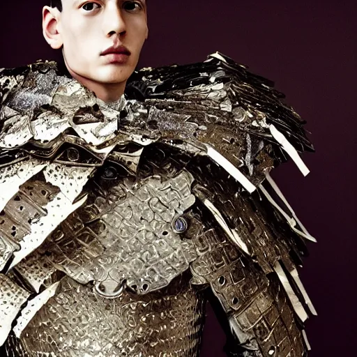 Image similar to a portrait of a beautiful young male wearing an alexander mcqueen armor made of paper , photographed by andrew thomas huang, artistic
