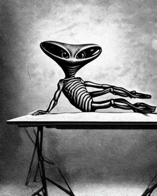 Image similar to Hyper realistic vintage photograph of an alien Laying on an examination table, area 51