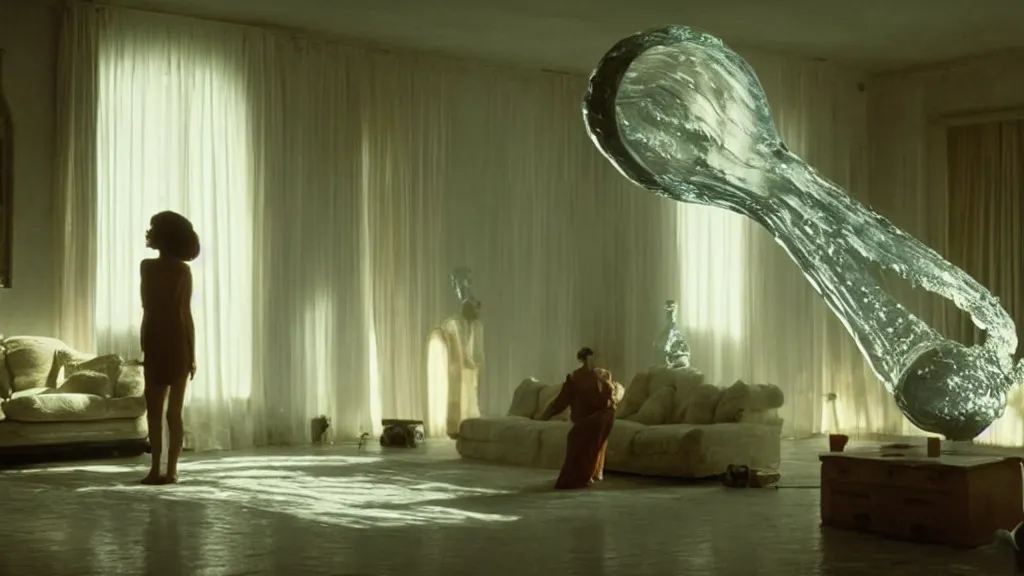 Image similar to a giant hand made of wax and water floats through the living room, film still from the movie directed by Denis Villeneuve with art direction by Salvador Dalí, wide lens