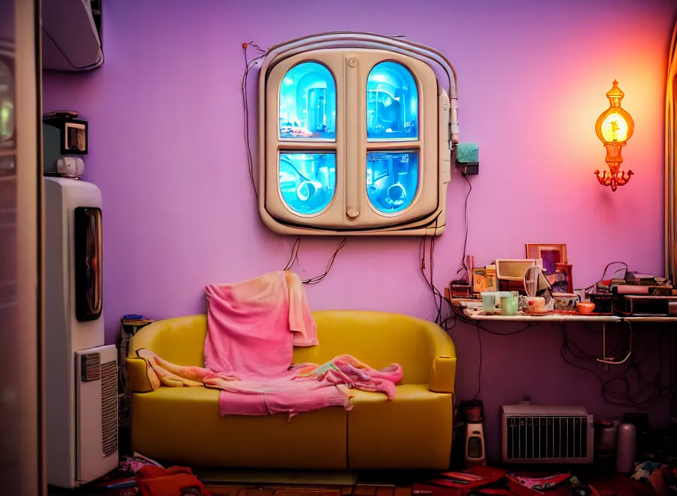 Prompt: telephoto 7 0 mm f / 2. 8 iso 2 0 0 photograph depicting the feeling of chrysalism in a cosy cluttered french sci - fi ( art nouveau ) cyberpunk apartment in a pastel dreamstate art cinema style. ( fridge, computer screens, window ( city ), fish tank, lamp ( ( ( armchair ) ) ) ), ambient light.