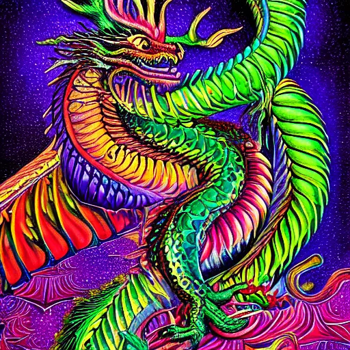 Image similar to a painting of a dragon with a psychedelic look, a detailed painting by lisa frank and alex grey, reddit contest winner, psychedelic art, detailed painting, psychedelic, ( ( pointilism ) ), made of crystals