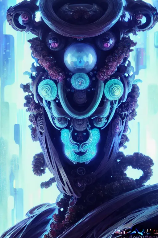 Image similar to asura from chinese myth, ghost, gorgeous and huge head ornaments, dystopian, cyberpunk, organic fractal mycelum and fungi, mecha, halfturn portrait of a big crystal face made of crystals half - turn, ominous, intricate, studio, art by anthony macbain + greg rutkowski + alphonse mucha, concept art, 4 k, sharp focus