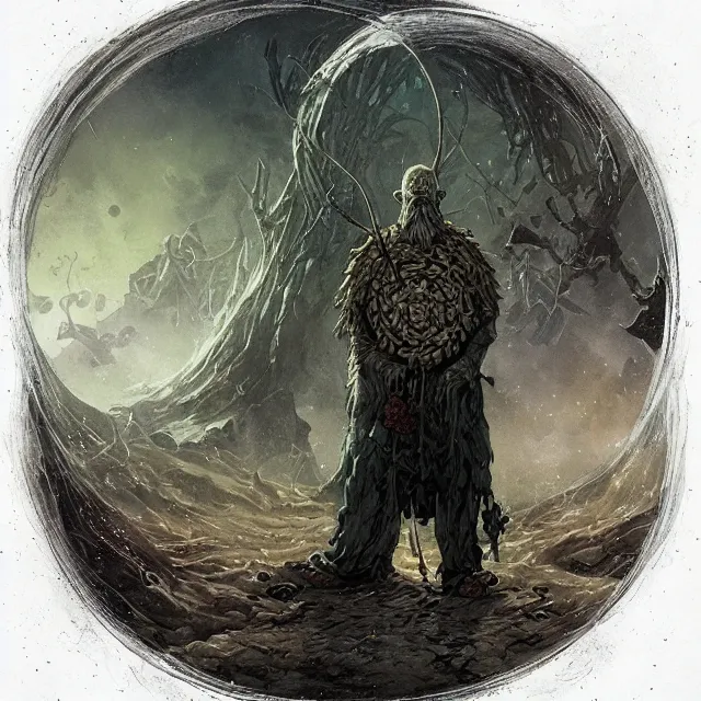 Prompt: a druid standing in a circle at the beginning of the world by alan lee and peter mohrbacher and mike mignola