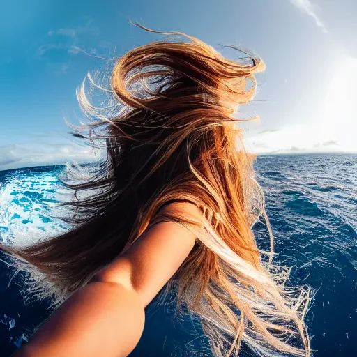 Image similar to Selfie!!!!! of a woman with gorgeous hair flowing in the wind, in the middle of the ocean!!!!!, first-person view, fisheye!!!!! lens!!!!!, photorealistic image, trending on artstation, 4k, 8k