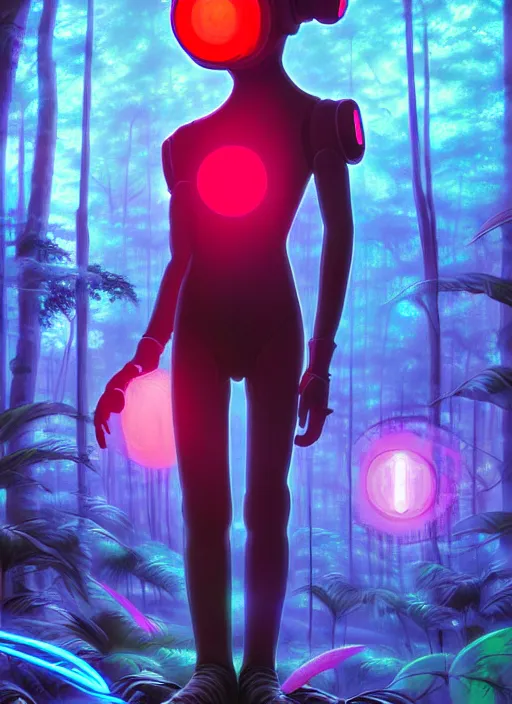 Image similar to cyber monkey in the scifi forest, in style james jean, ilya kuvshinov, hot colors, global illumination ray tracing hdr radiating a glowing aura