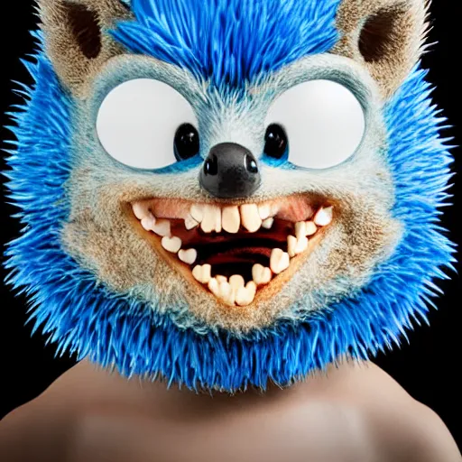 Image similar to anthropomorphic blue hedgehog with human teeth, studio portrait