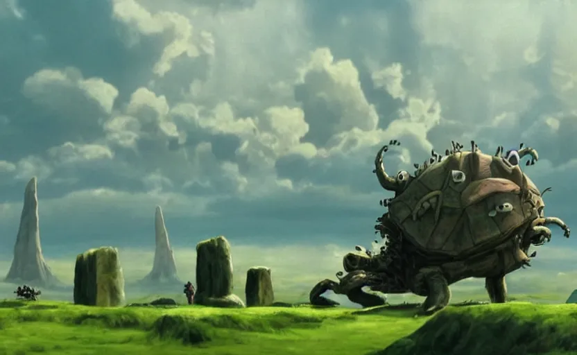 Image similar to a hyperrealist cell - shaded cartoon movie still from howl's moving castle ( 2 0 0 4 ) of a giant lovecraftian mechanized turtle in a flooded stonehenge. a rainforest is in the background with shafts of sunlight from above. very dull muted colors, hd, 4 k, hq