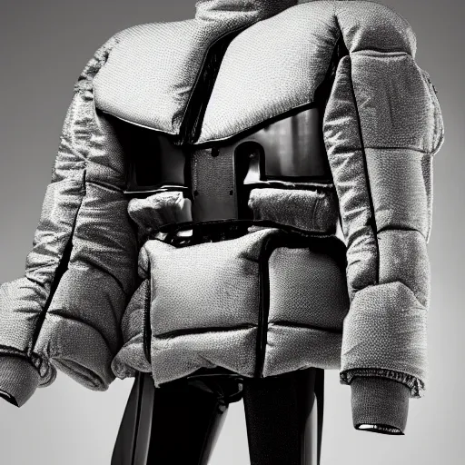 Image similar to huge robot suit gundam puffer jacket designed by craig green for balenciaga, fashion shoot, well lit, extremely beautiful, vogue, runway, clear, sharp focus, depth of field