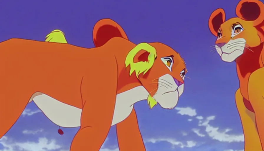 Prompt: simba from the lion king standing in tokyo - 3 in a long shot still from the anime neon genesis evangelion, 4 k, neon genesis evangelion official media, high quality, hideaki anno anime