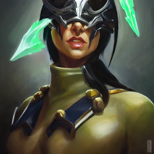 Image similar to greg manchess portrait painting of partially armored jade from mortal kombat wearing a half mask as overwatch character, medium shot, asymmetrical, profile picture, organic painting, sunny day, matte painting, bold shapes, hard edges, street art, trending on artstation, by huang guangjian and gil elvgren and sachin teng