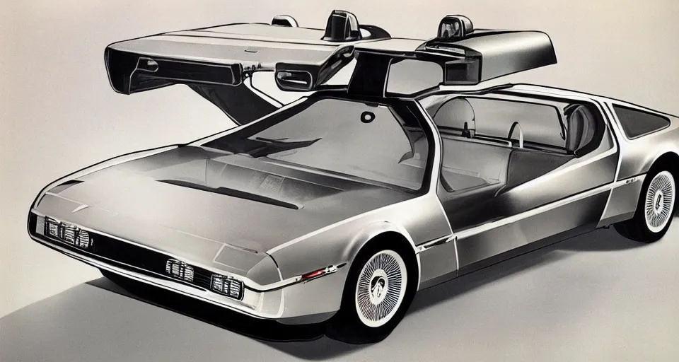 Image similar to 1955 DeLorean as designed by Ford concept by Syd Mead, catalog print