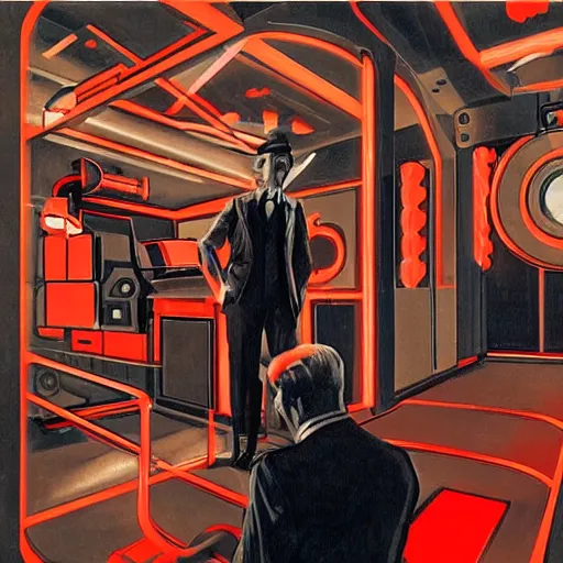 Image similar to man in futurist 6 0 ´ s lab, machines and futurist robots, red lights, leyendecker style, black suit