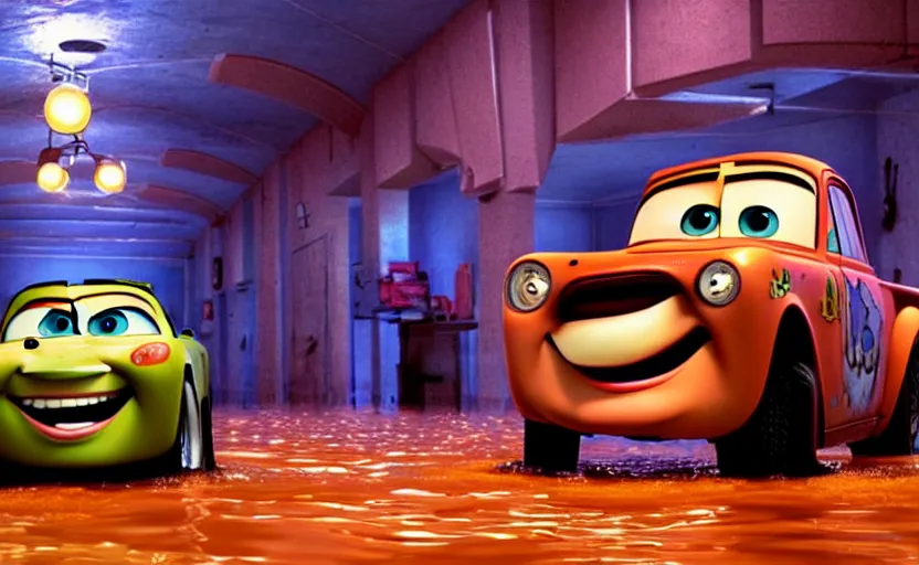 Prompt: mater from cars in a flooded fractal hallway, romance novel cover, in 1 9 9 5, y 2 k cybercore cutecore, low - light photography, still from a pixar movie