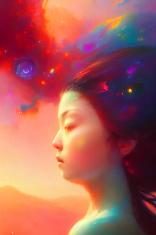Image similar to the colorful universe can be seen thorough the eye of a beautiful woman, extremely detailed digital painting, in the style of fenghua zhong and ruan jia and jeremy lipking and peter mohrbacher, mystical colors, rim light, beautiful lighting, 8 k, stunning scene, raytracing, octane, trending on artstation