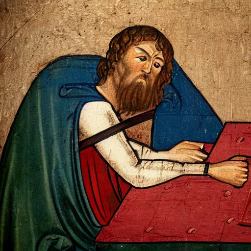 Prompt: Medieval painting of a computer hacker. High resolution. Highly detailed. Art station. 8k